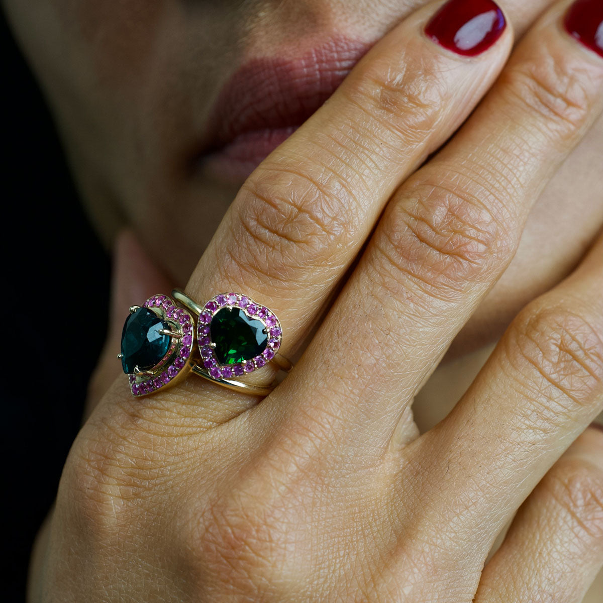 HEART RING | GREEN TOURMALINE & PINK SAPPHIRE