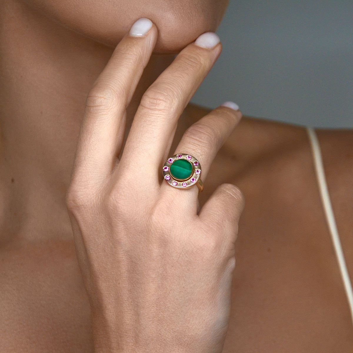 SHIELD RING | GREEN MALACHITE & PINK TOURMALINE | SMALL