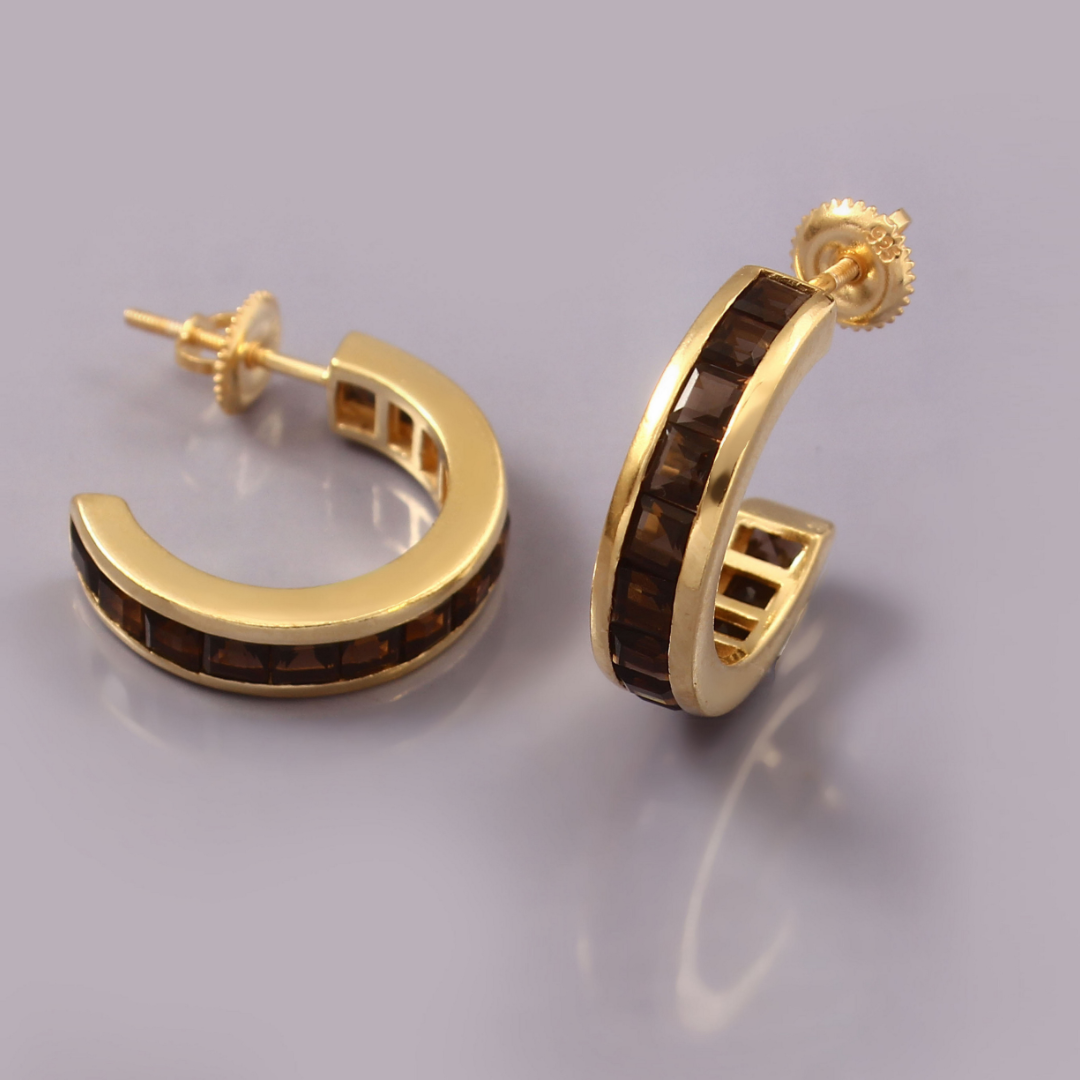 Deco Smoky Quartz Hoops Large