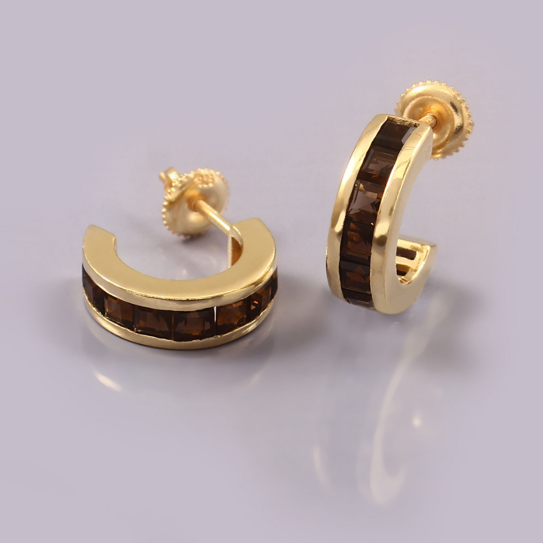 Deco Smoky Quartz Hoops Small